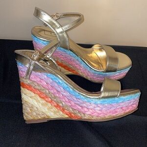 ShuShop women’s wedges 7.5 RAINBOW GOLD JACINTA espadrille heels sandals NWOT